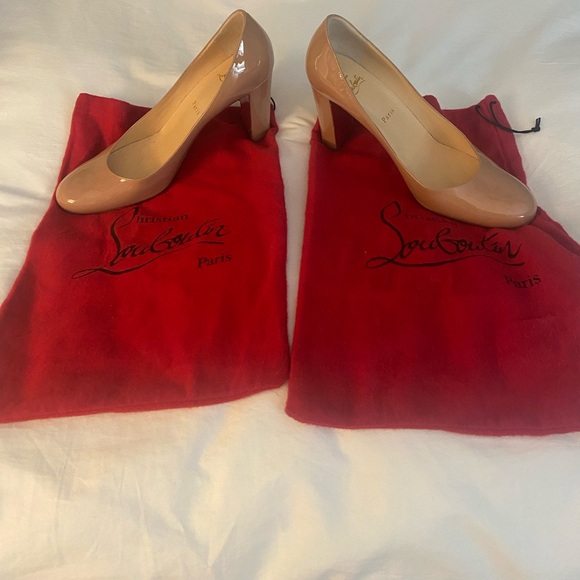 Christian Louboutin Shoes - Christian Louboutin: Patent Nude Round Toe Heels. Size 39 1/2 (81/2).